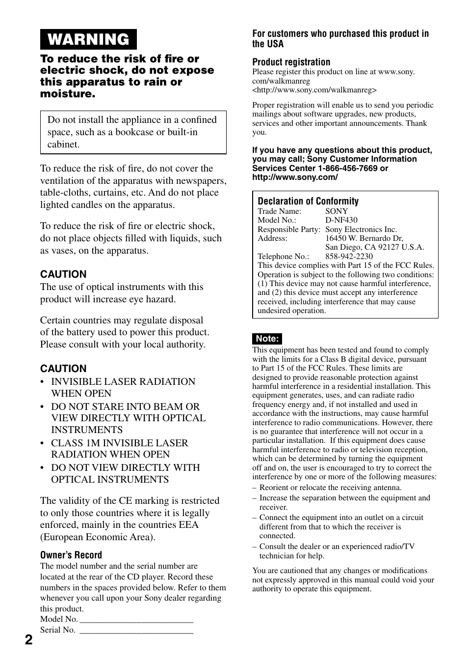 Warning | Sony D-NF431 User Manual | Page 2 / 44