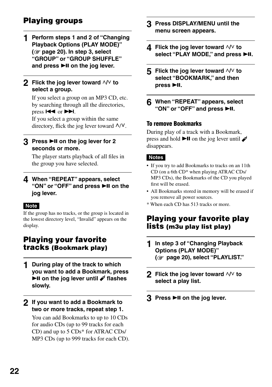 Playing groups, Playing your favorite tracks (bookmark play), Playing groups playing your favorite tracks | Bookmark play), Playing your favorite play lists, M3u play list play), Playing your favorite tracks | Sony D-NF431 User Manual | Page 22 / 44