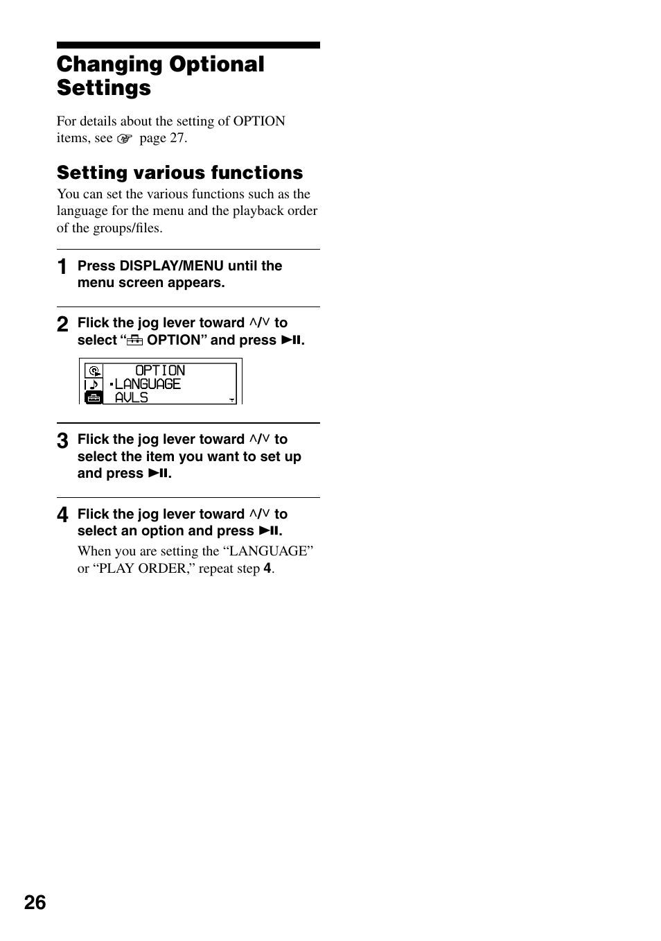 Changing optional settings, Setting various functions | Sony D-NF431 User Manual | Page 26 / 44