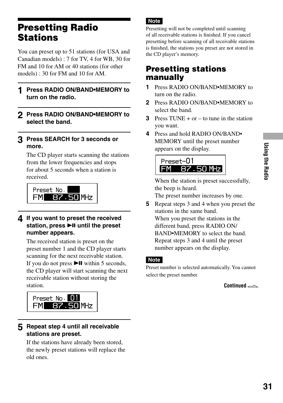 Presetting radio stations, Presetting stations manually | Sony D-NF431 User Manual | Page 31 / 44