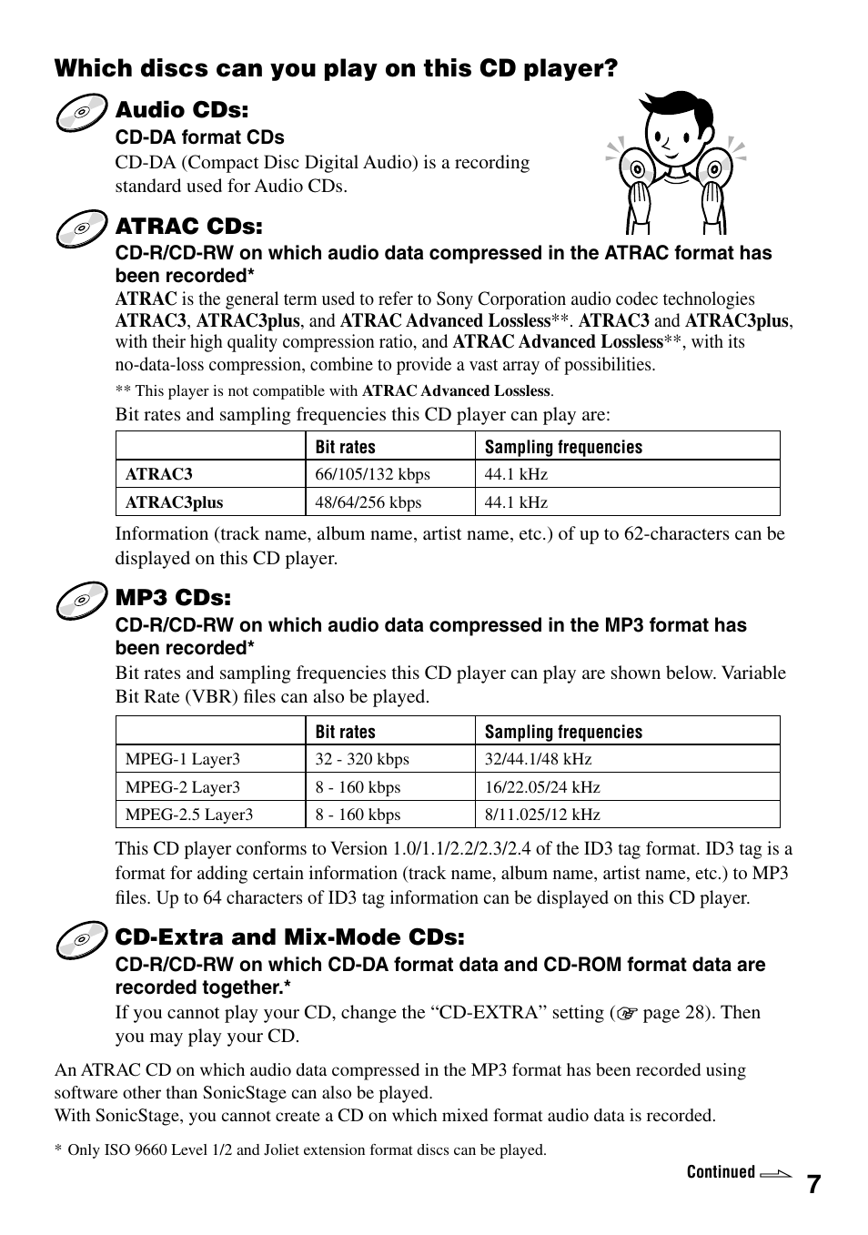 Which discs can you play on this cd player, Which discs can you play on this cd, Player | Audio cds, Atrac cds, Mp3 cds, Cd-extra and mix-mode cds | Sony D-NF431 User Manual | Page 7 / 44