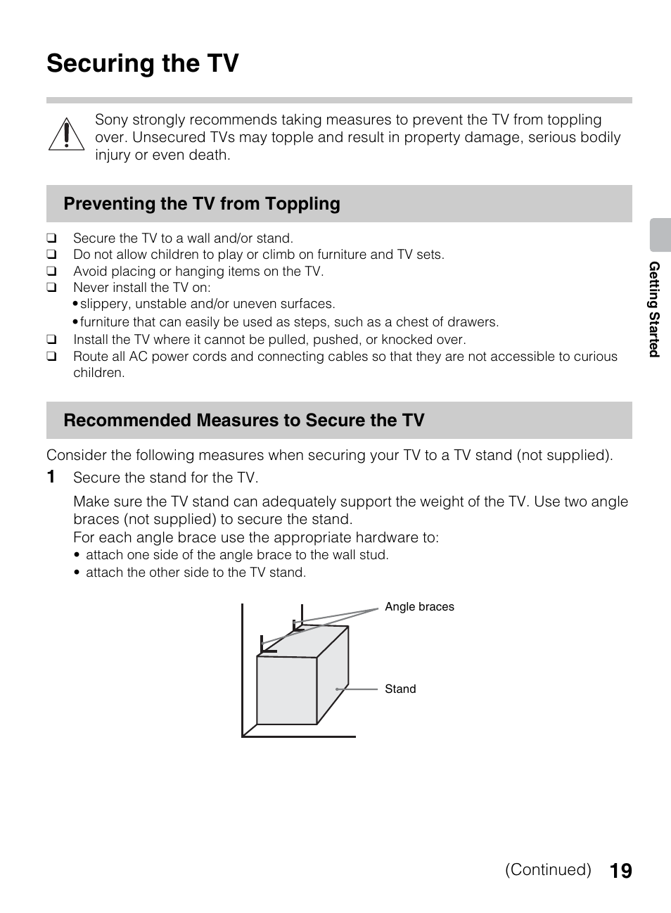 Securing the tv, Preventing the tv from toppling, Recommended measures to secure the tv | Sony BRAVIA 4-418-730-11(1) User Manual | Page 19 / 88