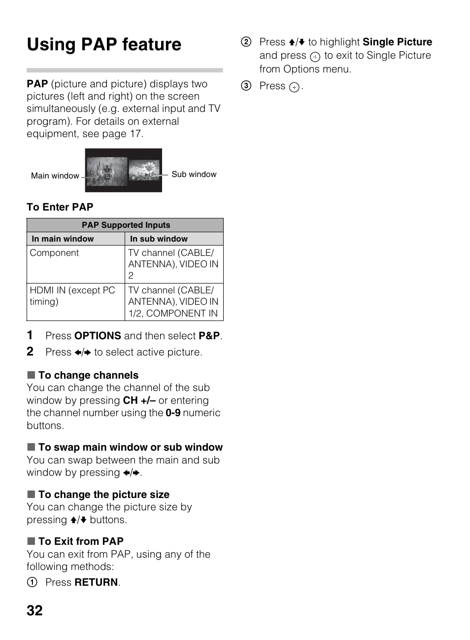 Using pap feature | Sony BRAVIA 4-418-730-11(1) User Manual | Page 32 / 88