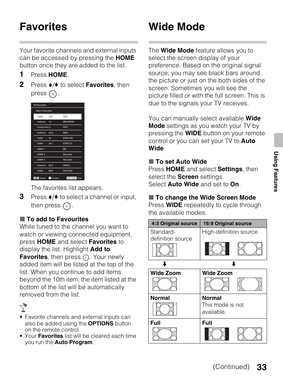 Favorites, Wide mode, Continued) | Press home, Us ing fea tures | Sony BRAVIA 4-418-730-11(1) User Manual | Page 33 / 88