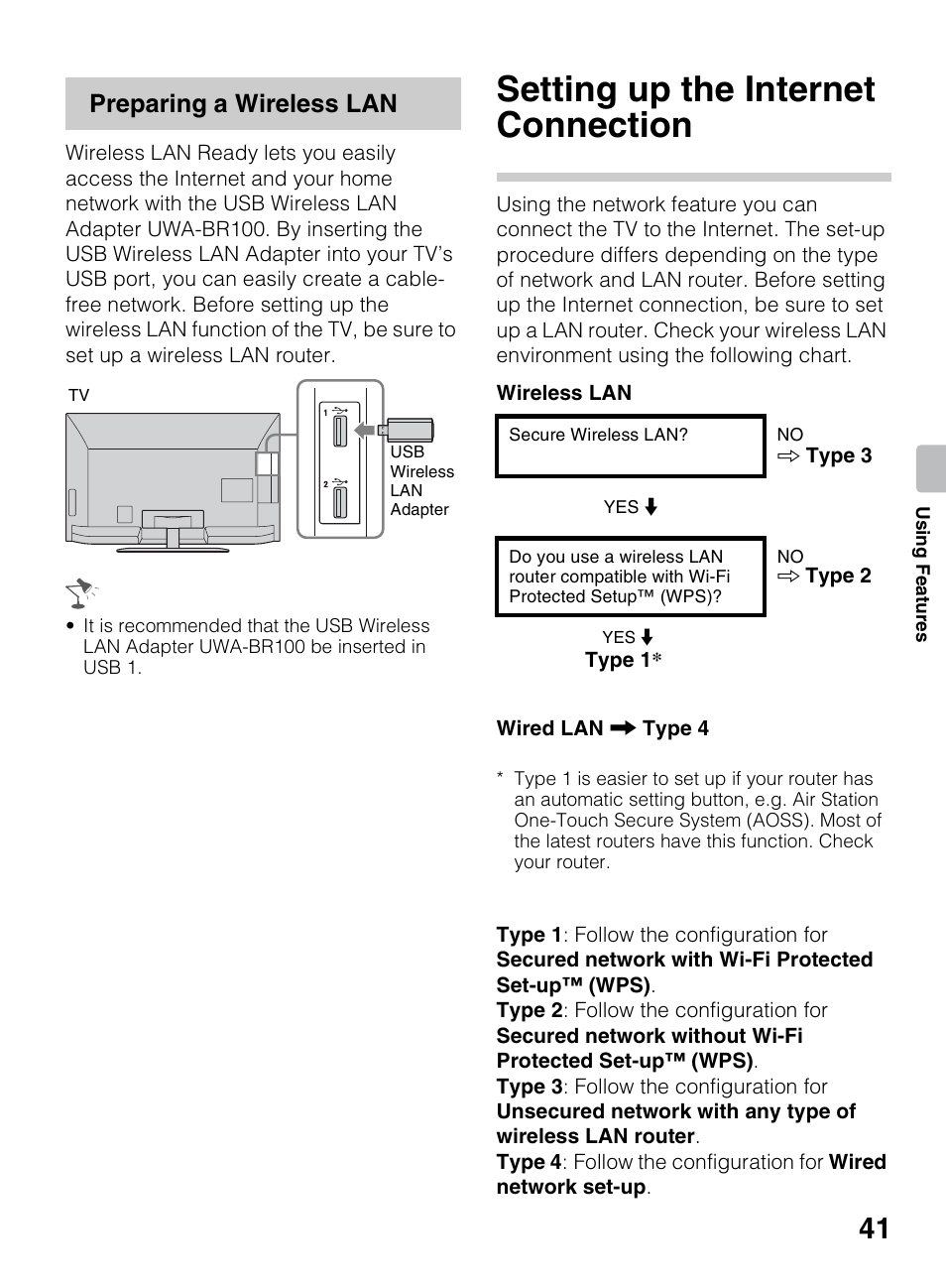 Setting up the internet connection, Preparing a wireless lan | Sony BRAVIA 4-418-730-11(1) User Manual | Page 41 / 88