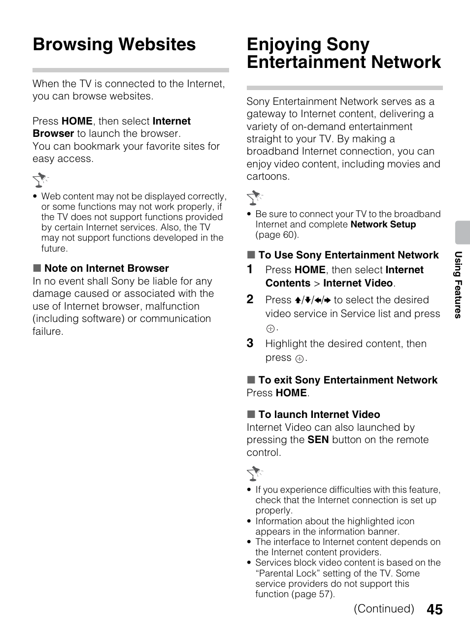 Browsing websites, Enjoying sony entertainment network | Sony BRAVIA 4-418-730-11(1) User Manual | Page 45 / 88