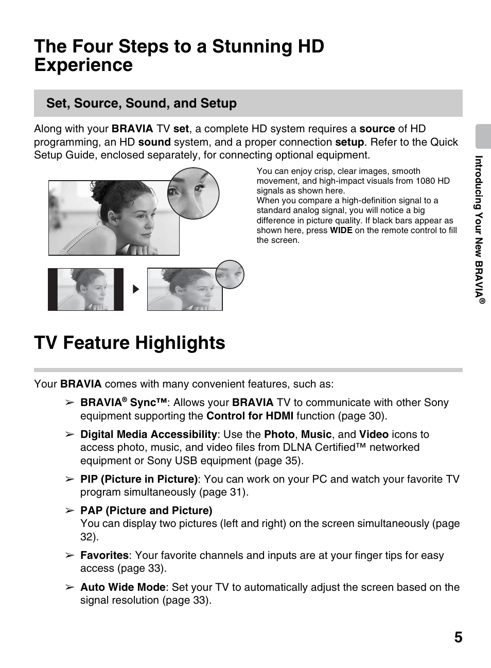 The four steps to a stunning hd experience, Tv feature highlights, The four steps to a stunning hd | Experience, Set, source, sound, and setup | Sony BRAVIA 4-418-730-11(1) User Manual | Page 5 / 88