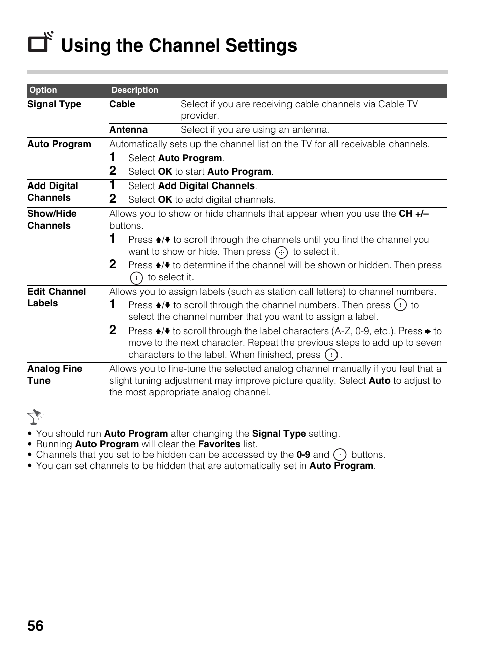 Using the channel settings | Sony BRAVIA 4-418-730-11(1) User Manual | Page 56 / 88