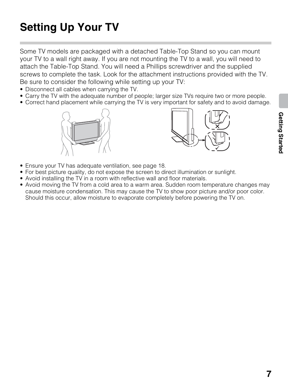 Getting started, Setting up your tv | Sony BRAVIA 4-418-730-11(1) User Manual | Page 7 / 88