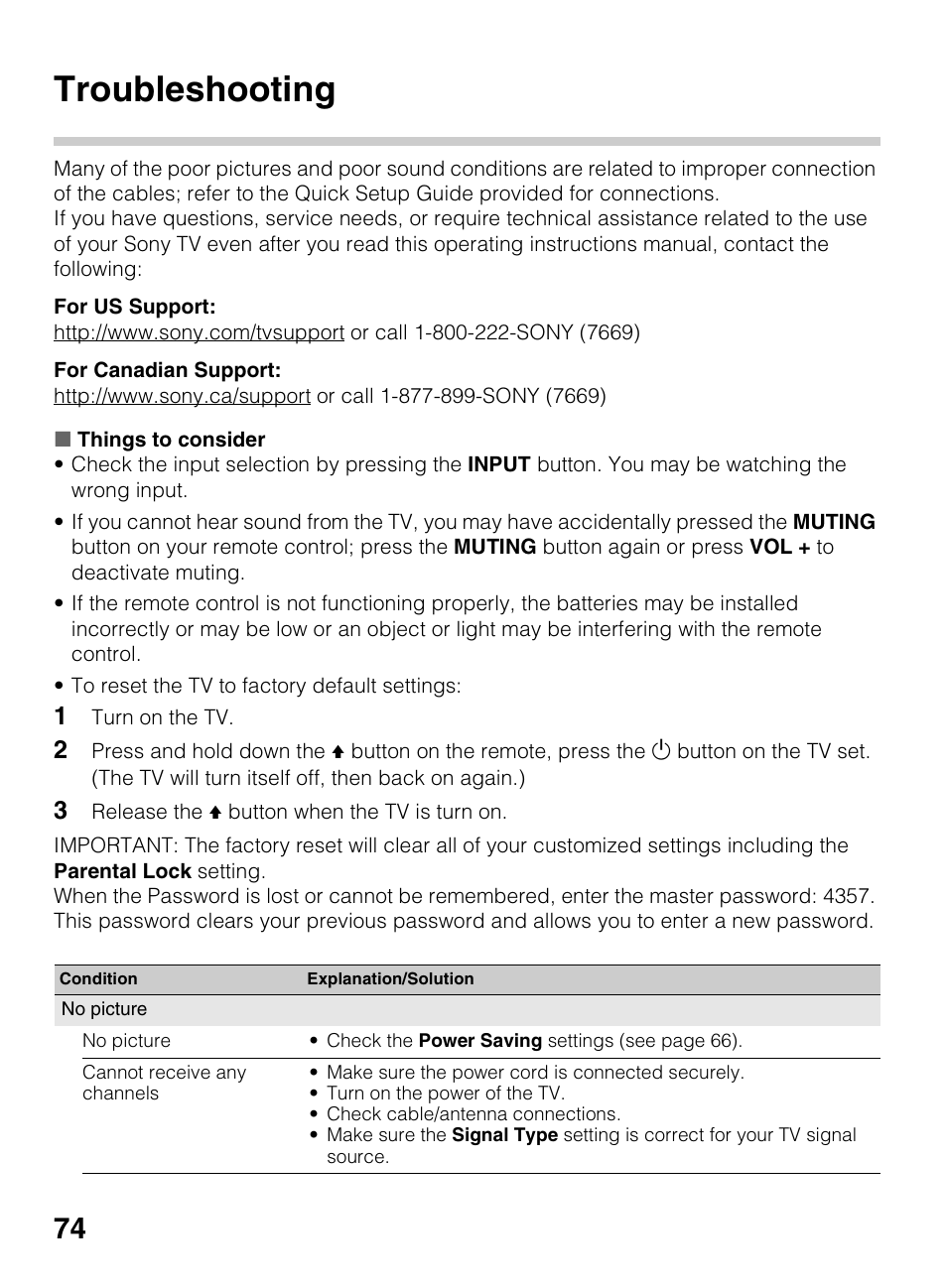 Troubleshooting | Sony BRAVIA 4-418-730-11(1) User Manual | Page 74 / 88