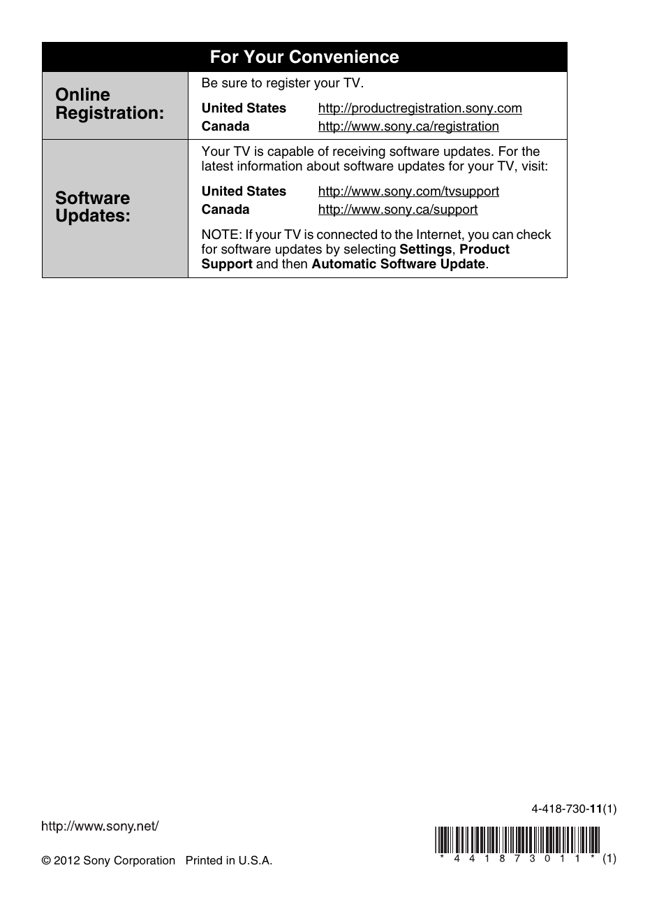 For your convenience online registration, Software updates | Sony BRAVIA 4-418-730-11(1) User Manual | Page 88 / 88