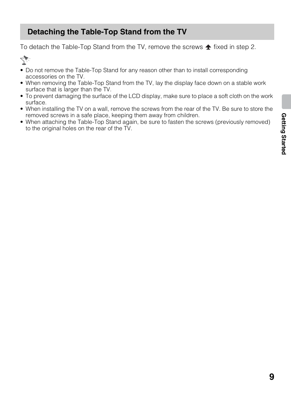 Detaching the table-top stand from the tv | Sony BRAVIA 4-418-730-11(1) User Manual | Page 9 / 88