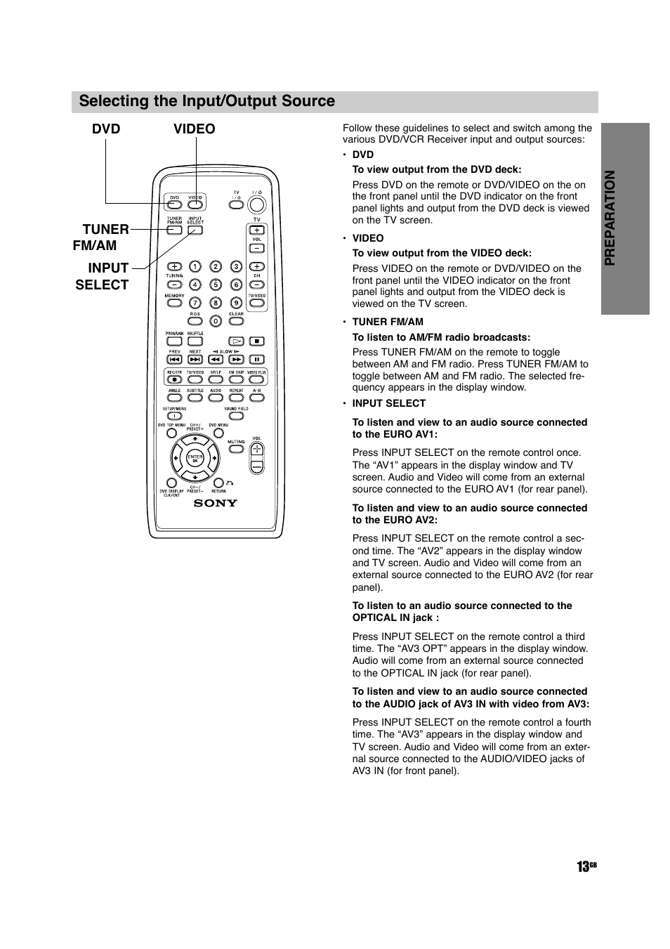 Selecting the input/output source | Sony DAV-D150G User Manual | Page 13 / 48