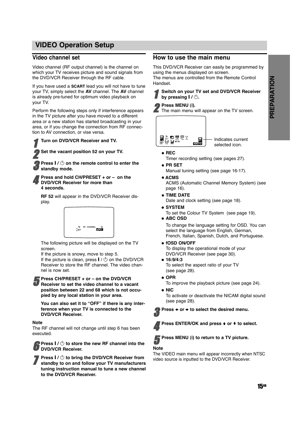 Video operation setup, Prep ara tion 15, Video channel set | How to use the main menu | Sony DAV-D150G User Manual | Page 15 / 48
