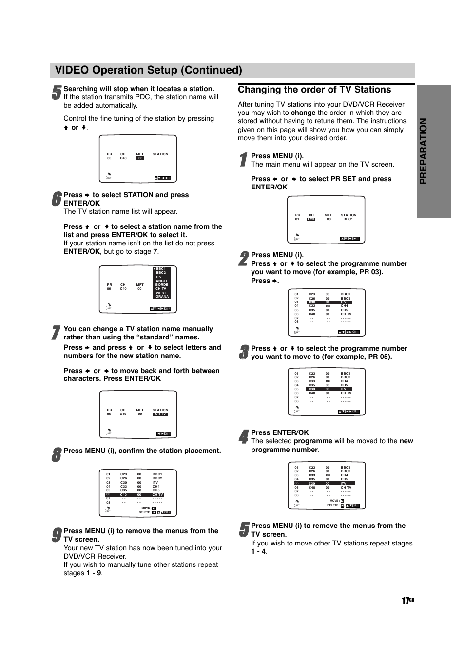 Video operation setup (continued), Prep ara tion 17, Changing the order of tv stations | Press menu (i), confirm the station placement | Sony DAV-D150G User Manual | Page 17 / 48