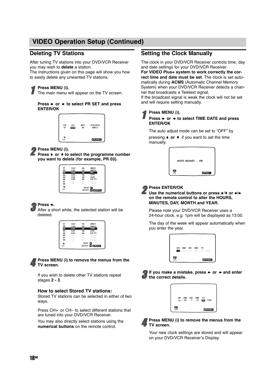 Video operation setup (continued), Deleting tv stations, Setting the clock manually | How to select stored tv stations | Sony DAV-D150G User Manual | Page 18 / 48