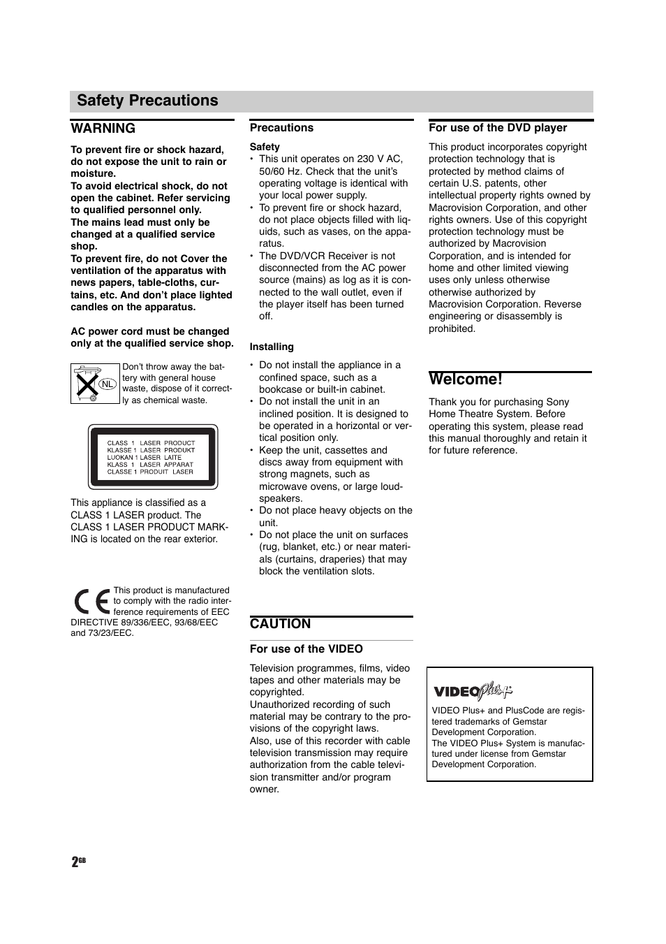 Safety precautions, Welcome, Warning | Caution | Sony DAV-D150G User Manual | Page 2 / 48