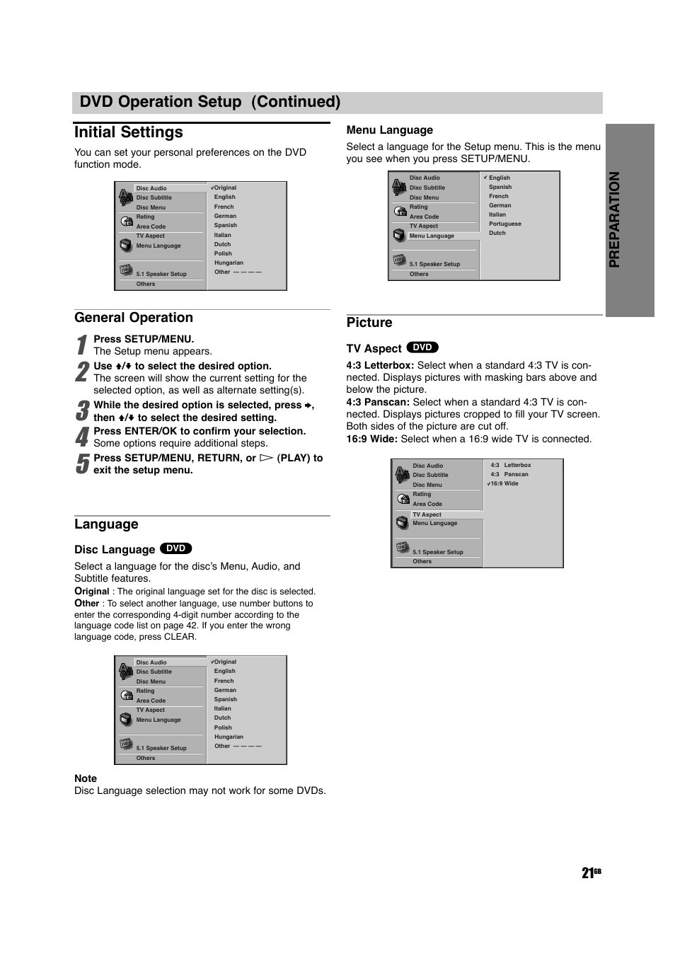 Dvd operation setup (continued) initial settings, Prep ara tion 21, General operation | Language, Picture, Disc language, Menu language, Tv aspect | Sony DAV-D150G User Manual | Page 21 / 48