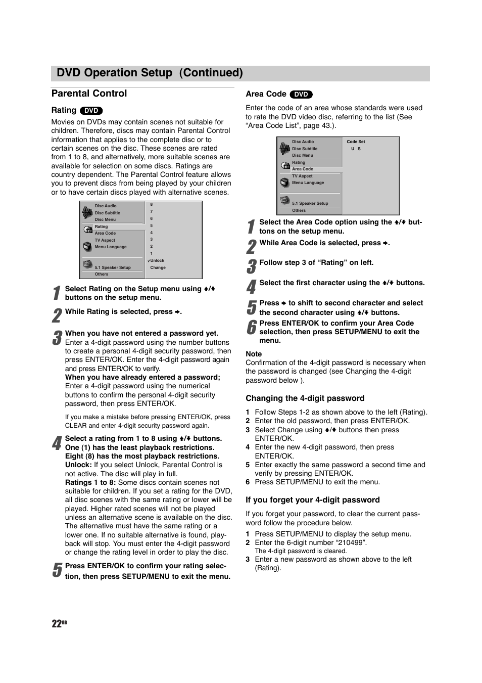 Dvd operation setup (continued), Parental control | Sony DAV-D150G User Manual | Page 22 / 48
