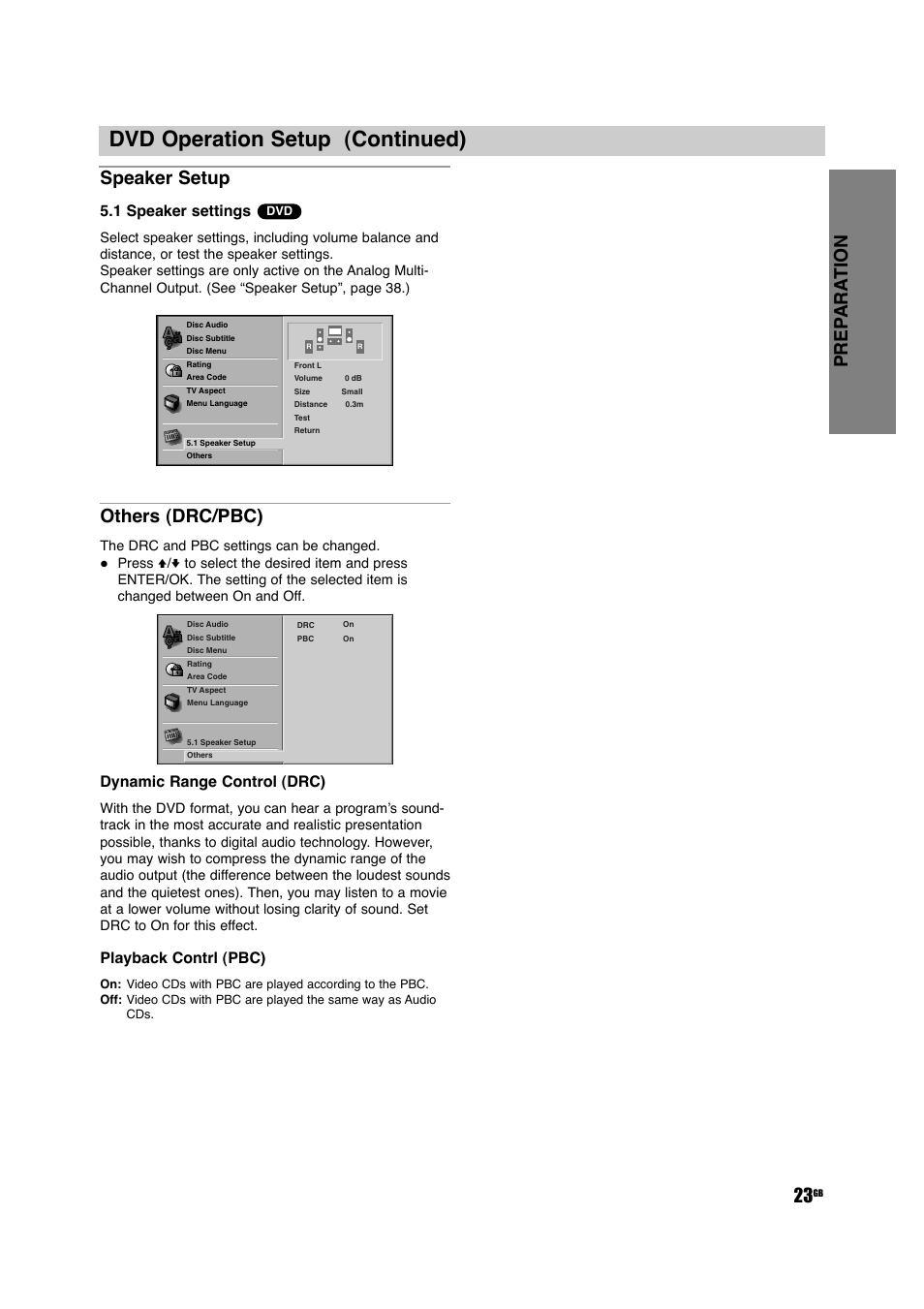 Dvd operation setup (continued), Prep ara tion 23, Speaker setup | Others (drc/pbc), 1 speaker settings, Dynamic range control (drc), Playback contrl (pbc) | Sony DAV-D150G User Manual | Page 23 / 48