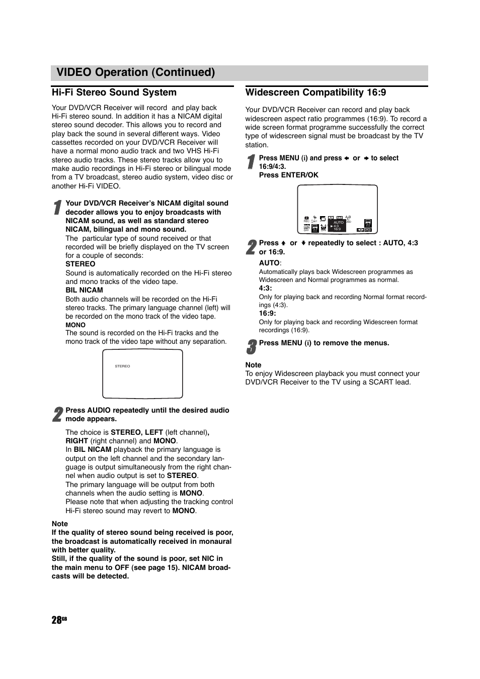 Video operation (continued), Hi-fi stereo sound system, Widescreen compatibility 16:9 | Sony DAV-D150G User Manual | Page 28 / 48