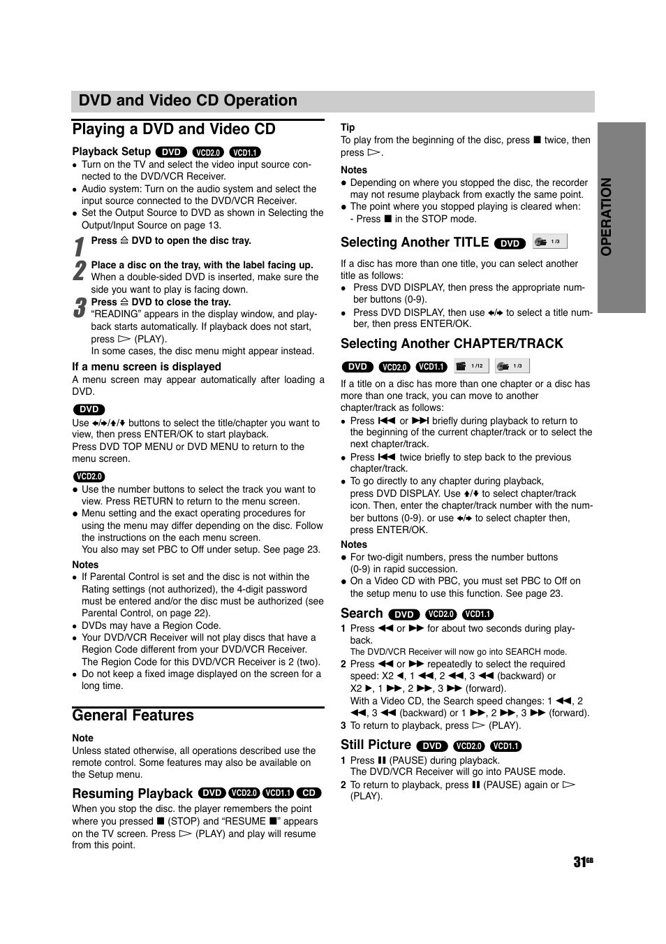 General features, Opera tion 31, Resuming playback | Selecting another title, Selecting another chapter/track, Search, Still picture | Sony DAV-D150G User Manual | Page 31 / 48