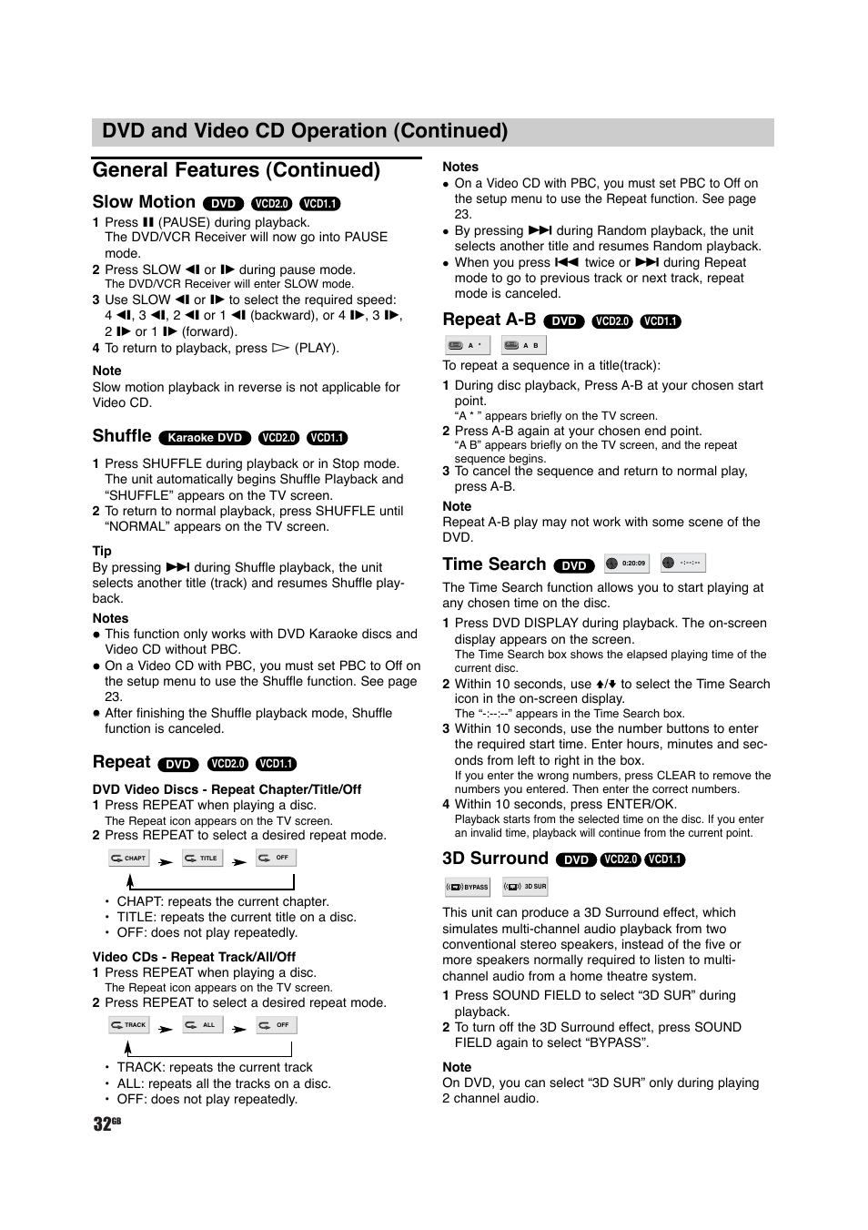 Slow motion, Shuffle, Repeat | Repeat a-b, Time search, 3d surround | Sony DAV-D150G User Manual | Page 32 / 48