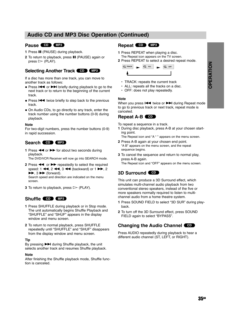 Audio cd and mp3 disc operation (continued), Opera tion 35, Pause | Selecting another track, Search, Shuffle, Repeat, Repeat a-b, 3d surround, Changing the audio channel | Sony DAV-D150G User Manual | Page 35 / 48