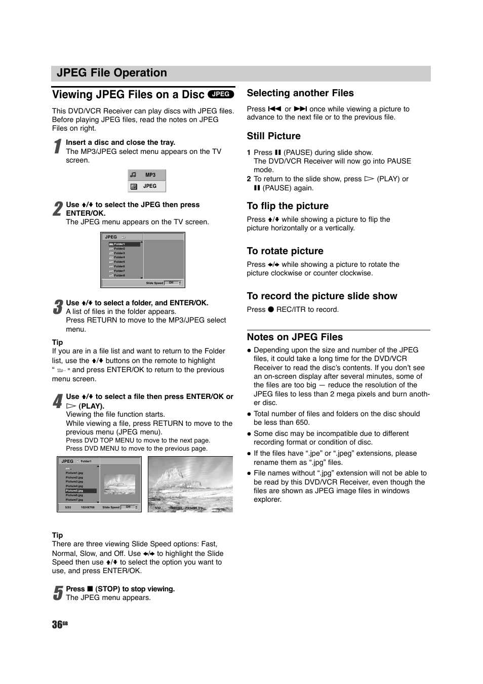 Jpeg file operation viewing jpeg files on a disc, Selecting another files, Still picture | Sony DAV-D150G User Manual | Page 36 / 48