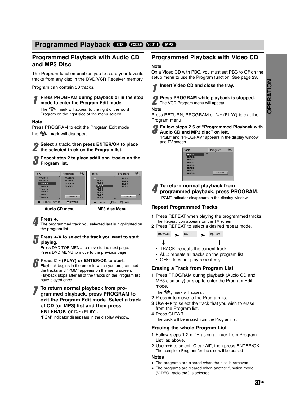 Programmed playback, Opera tion 37, Programmed playback with audio cd and mp3 disc | Programmed playback with video cd | Sony DAV-D150G User Manual | Page 37 / 48