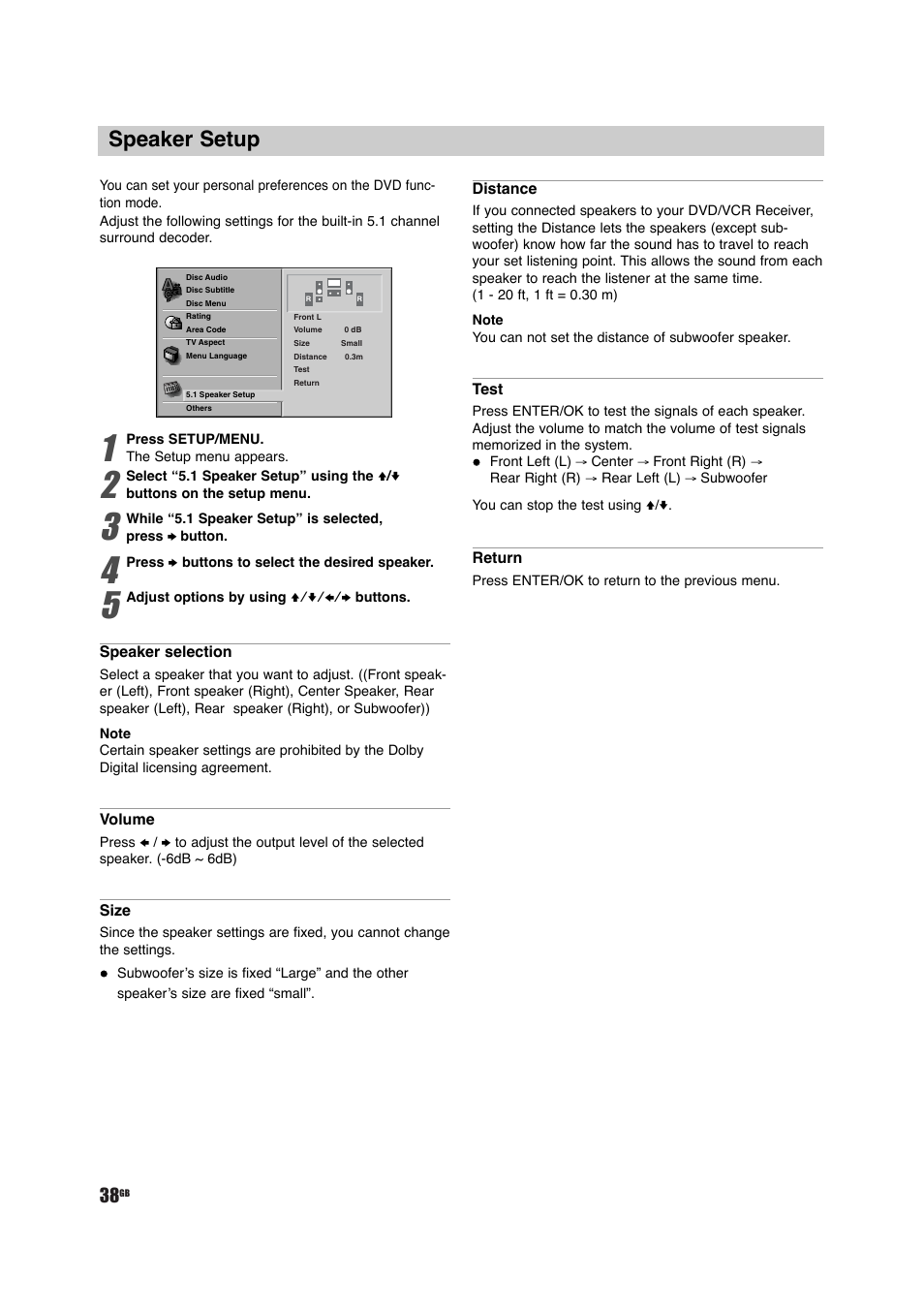 Speaker setup | Sony DAV-D150G User Manual | Page 38 / 48