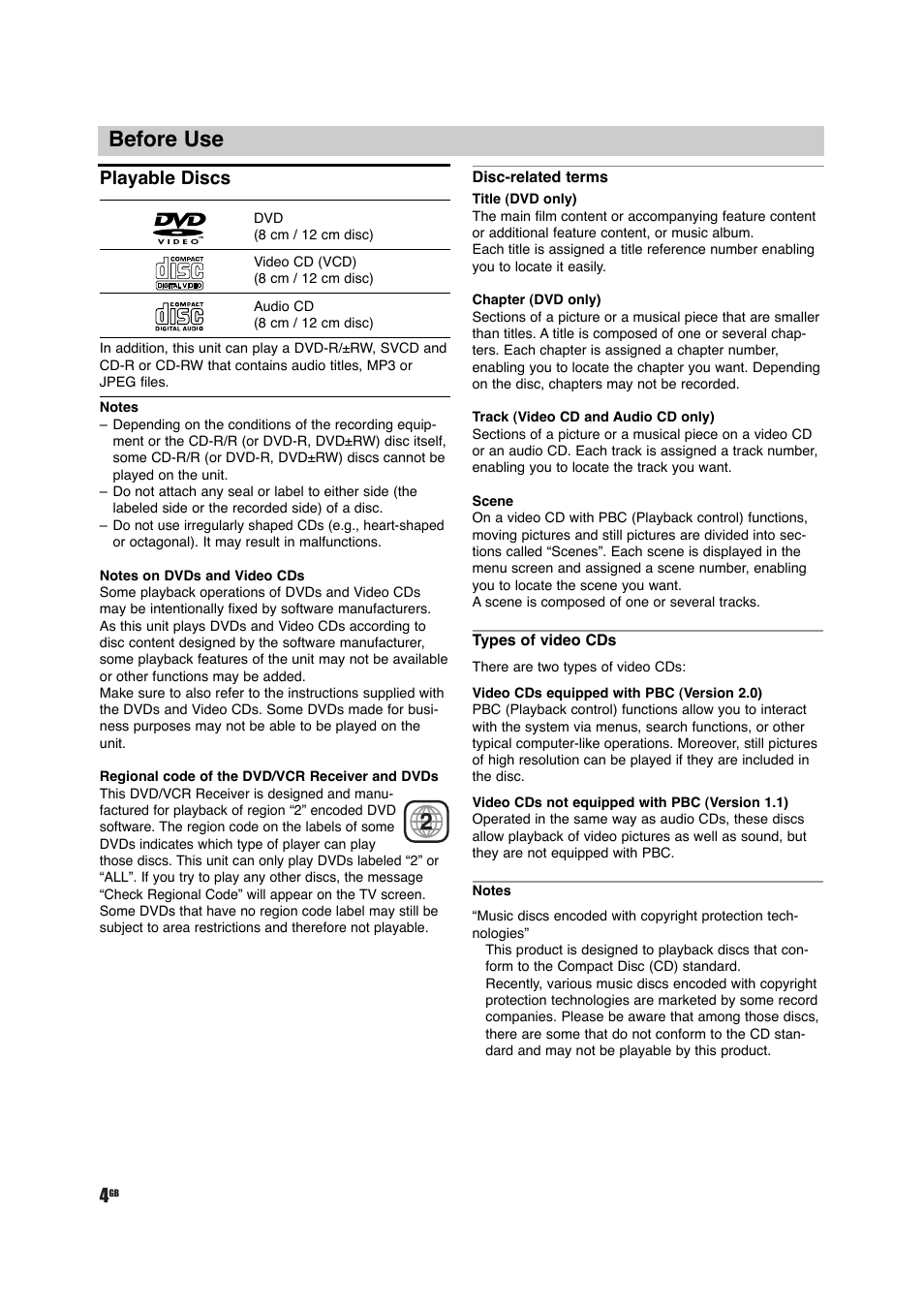 Before use, Playable discs | Sony DAV-D150G User Manual | Page 4 / 48