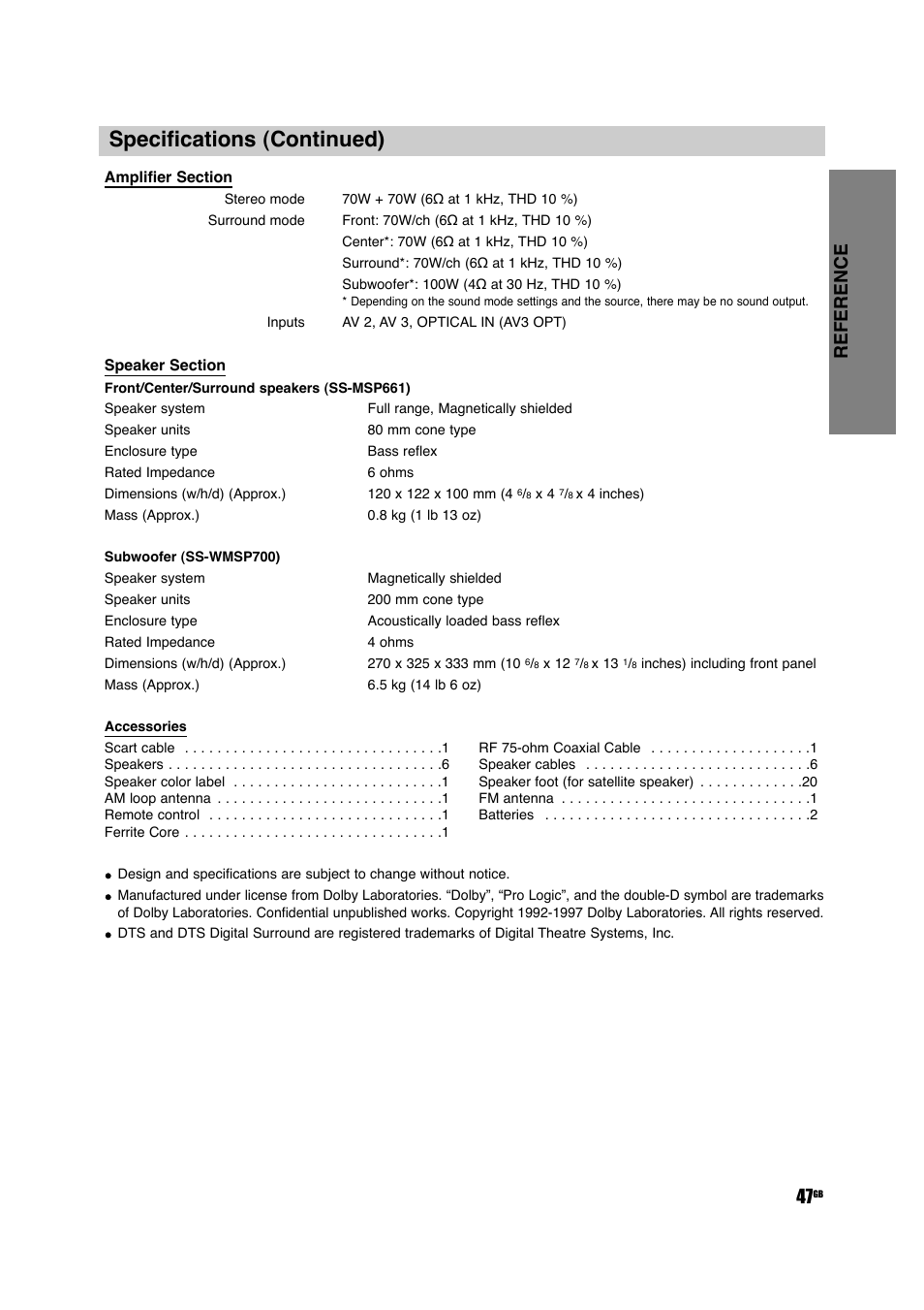 Specifications (continued), Reference 47 | Sony DAV-D150G User Manual | Page 47 / 48