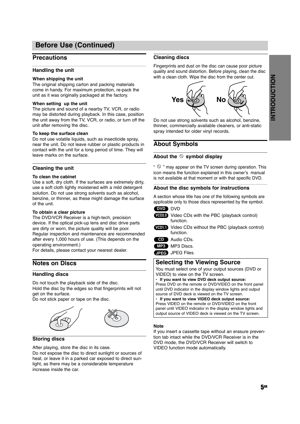 Before use (continued), Yes no, Introduction 5 | Precautions, About symbols, Selecting the viewing source | Sony DAV-D150G User Manual | Page 5 / 48