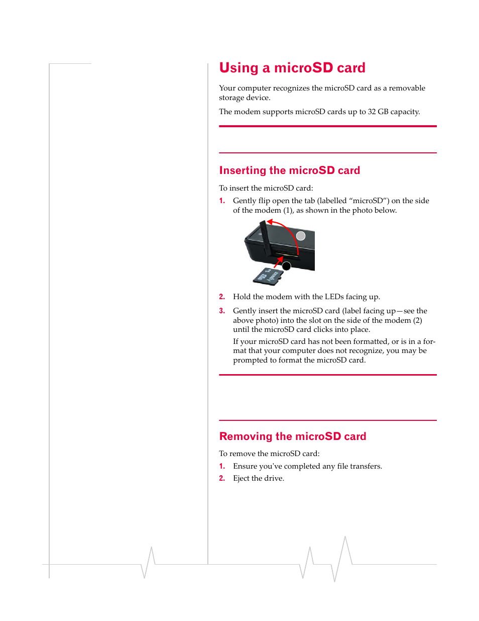 Using a microsd card, Inserting the microsd card, Removing the microsd card | Sony TRUINSTALL USB 598 User Manual | Page 21 / 55