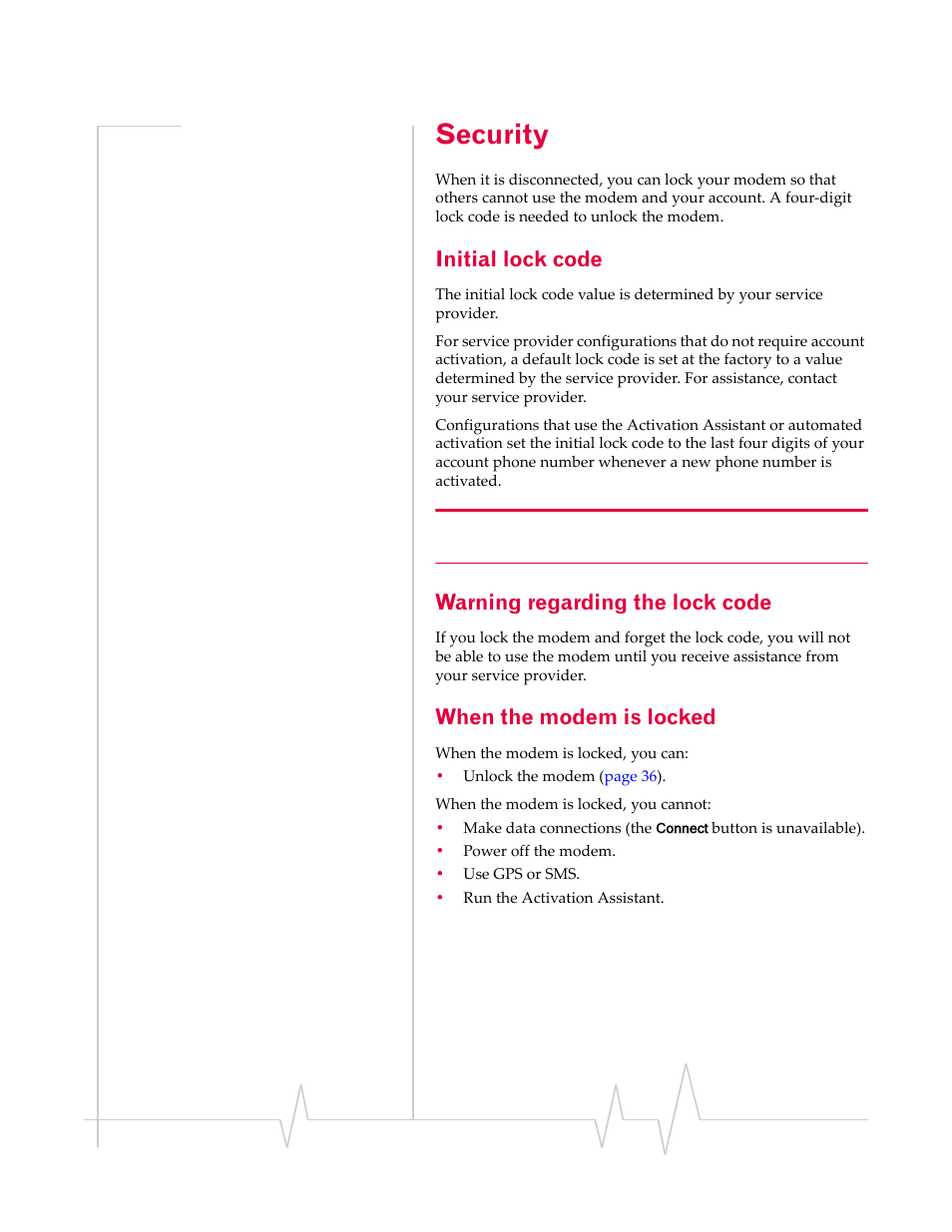Security, Initial lock code, Warning regarding the lock code | When the modem is locked | Sony TRUINSTALL USB 598 User Manual | Page 35 / 55