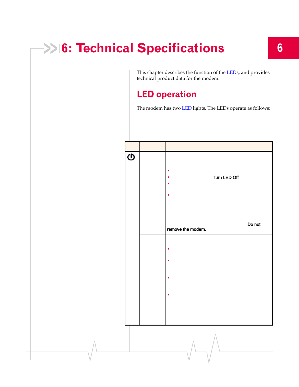 Technical specifications, Led operation, Table 6-1 | Sony TRUINSTALL USB 598 User Manual | Page 39 / 55