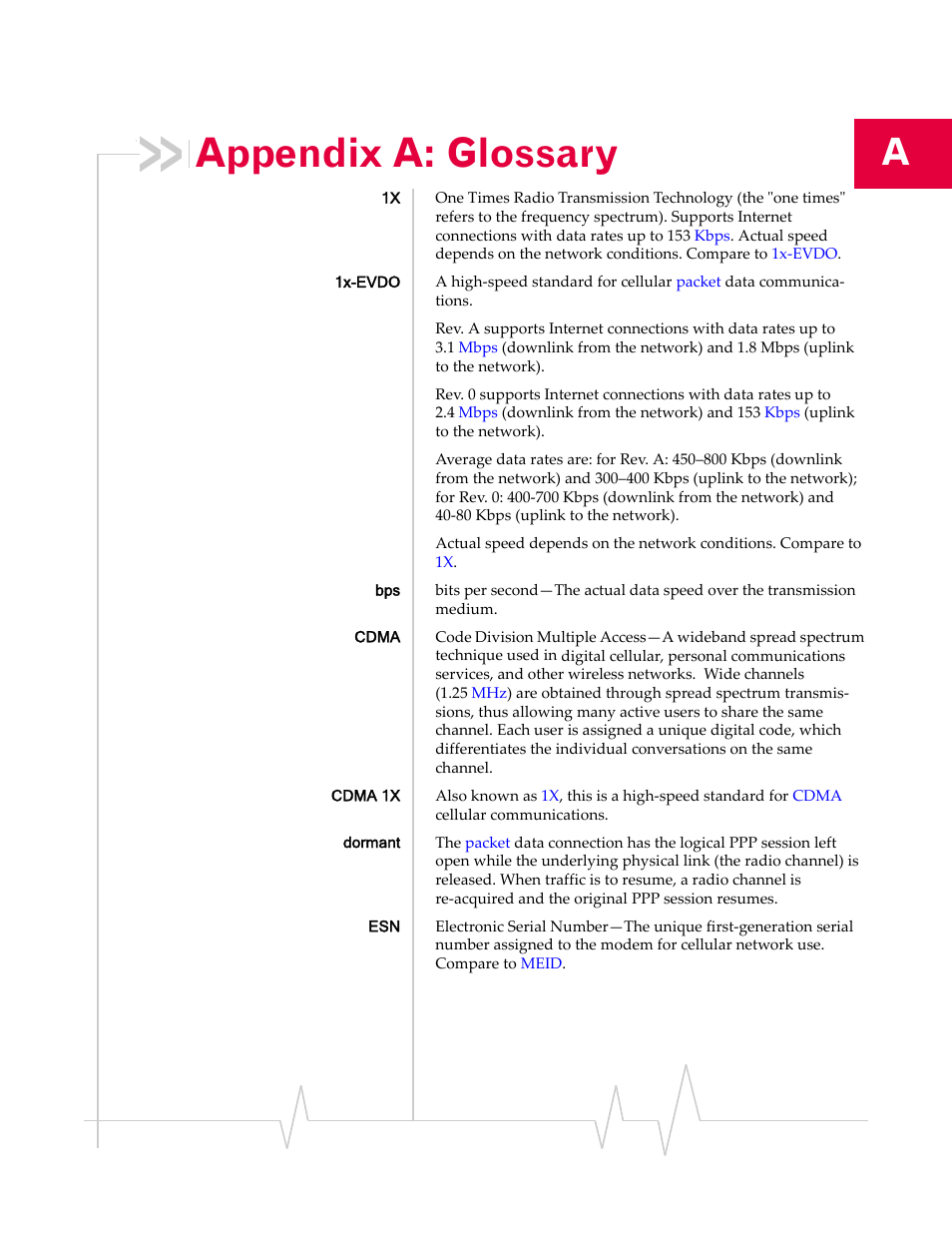 Appendix a: glossary, Glossary, Cdma | 1x‐evdo, Rev. 0, Coverage, Rev. a, 1x-evdo, Is-866 | Sony TRUINSTALL USB 598 User Manual | Page 47 / 55