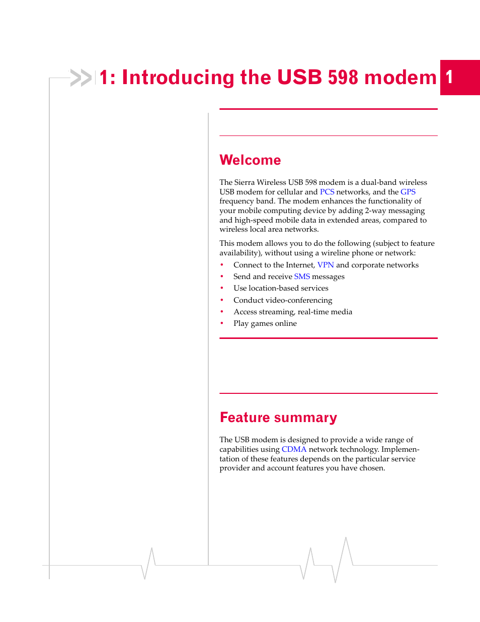 Introducing the usb 598 modem, Welcome, Feature summary | Sony TRUINSTALL USB 598 User Manual | Page 9 / 55