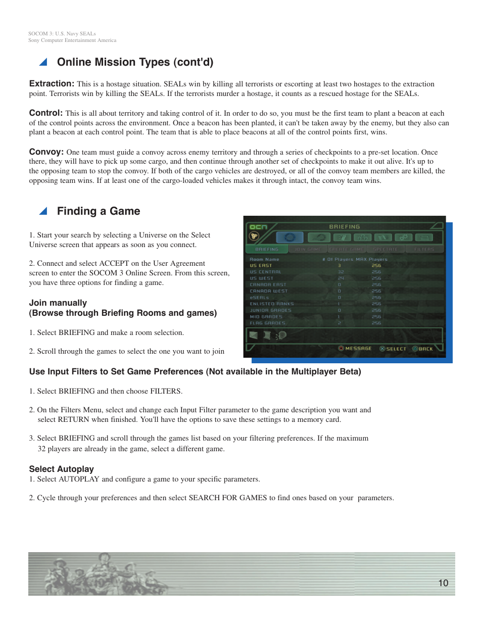 Y online mission types (cont'd), Y finding a game | Sony SOCOM 3 User Manual | Page 10 / 14