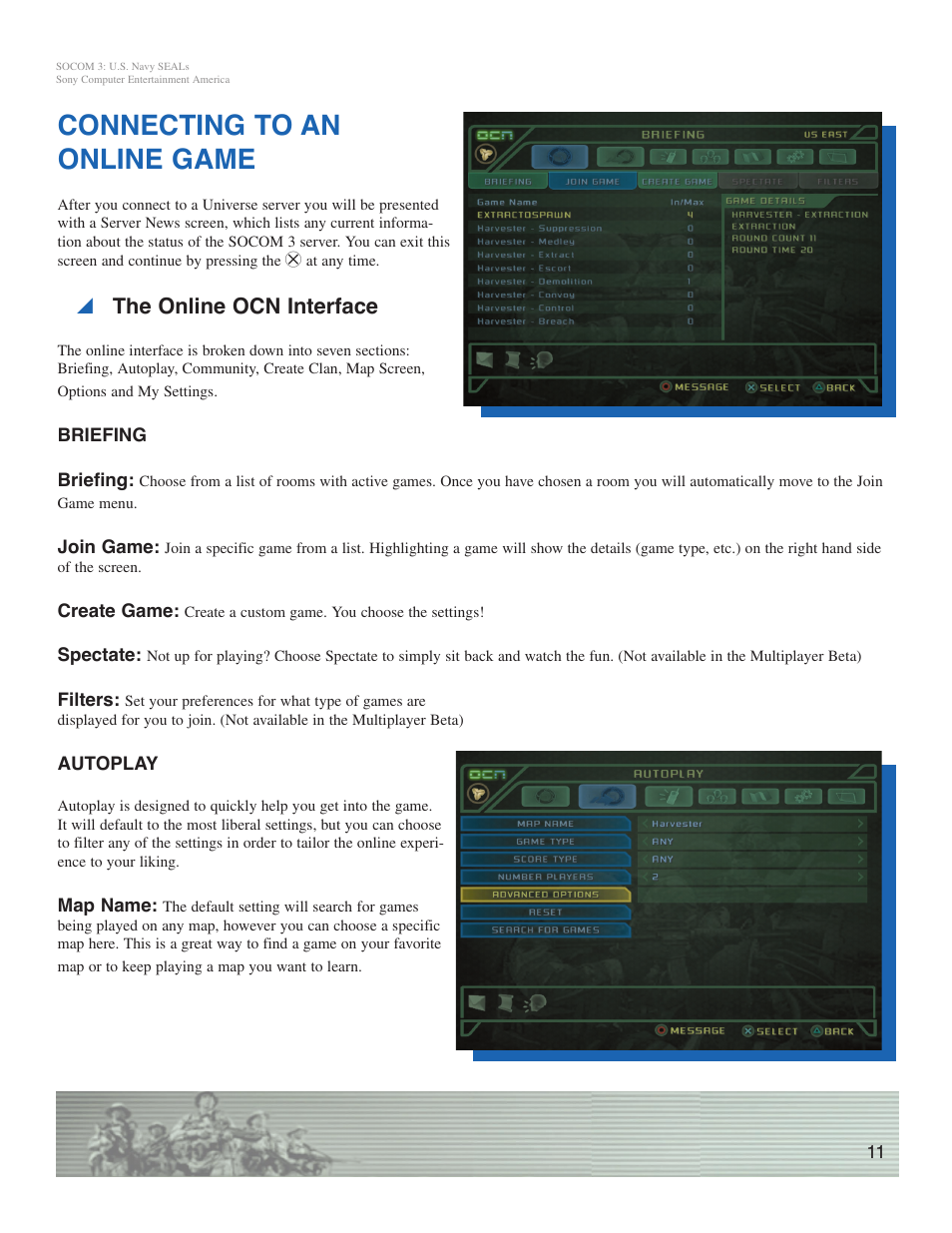 Connecting to an online game, Y the online ocn interface | Sony SOCOM 3 User Manual | Page 11 / 14