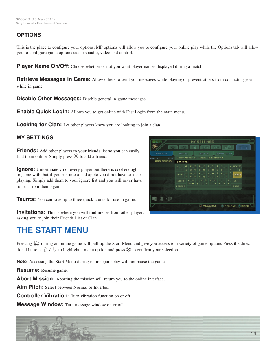 The start menu | Sony SOCOM 3 User Manual | Page 14 / 14