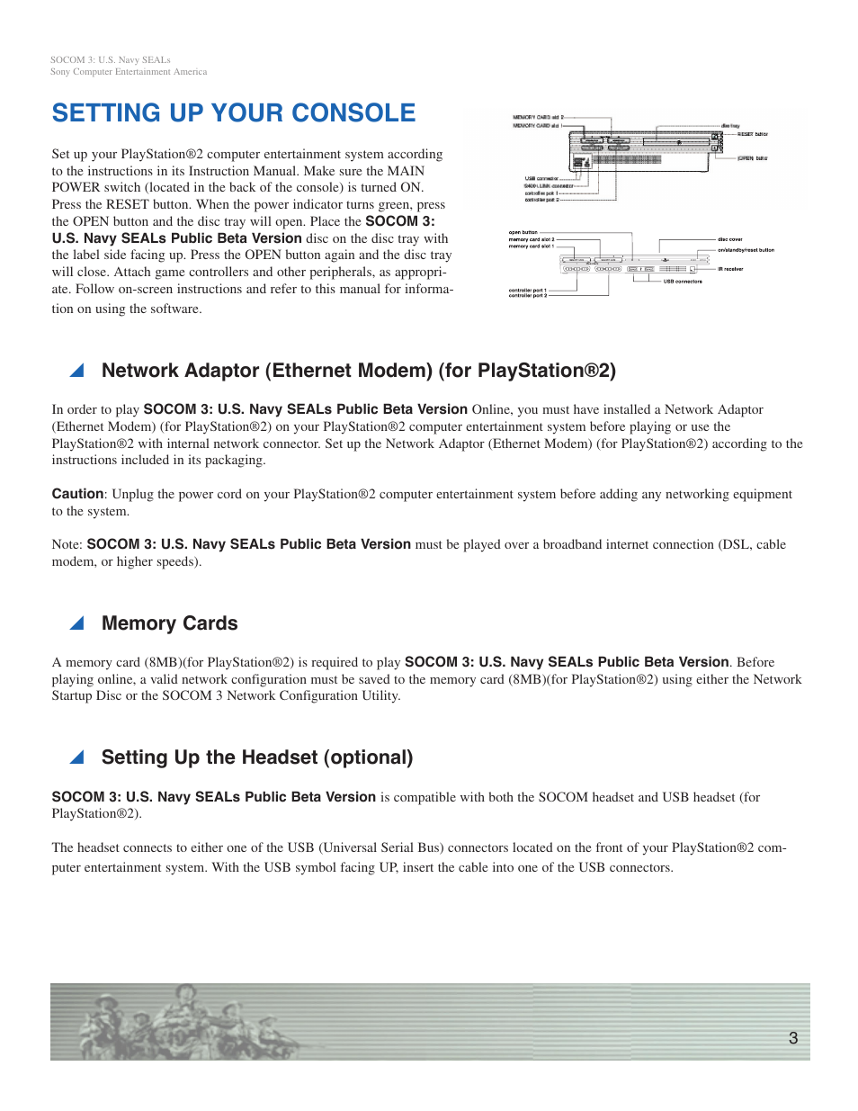 Setting up your console, Y setting up the headset (optional) | Sony SOCOM 3 User Manual | Page 3 / 14