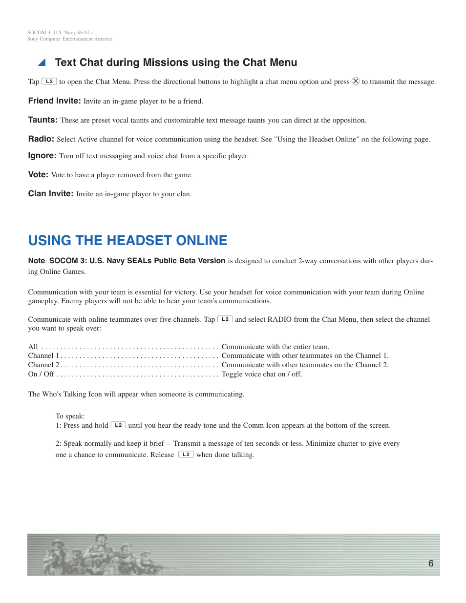 Using the headset online, Y text chat during missions using the chat menu | Sony SOCOM 3 User Manual | Page 6 / 14