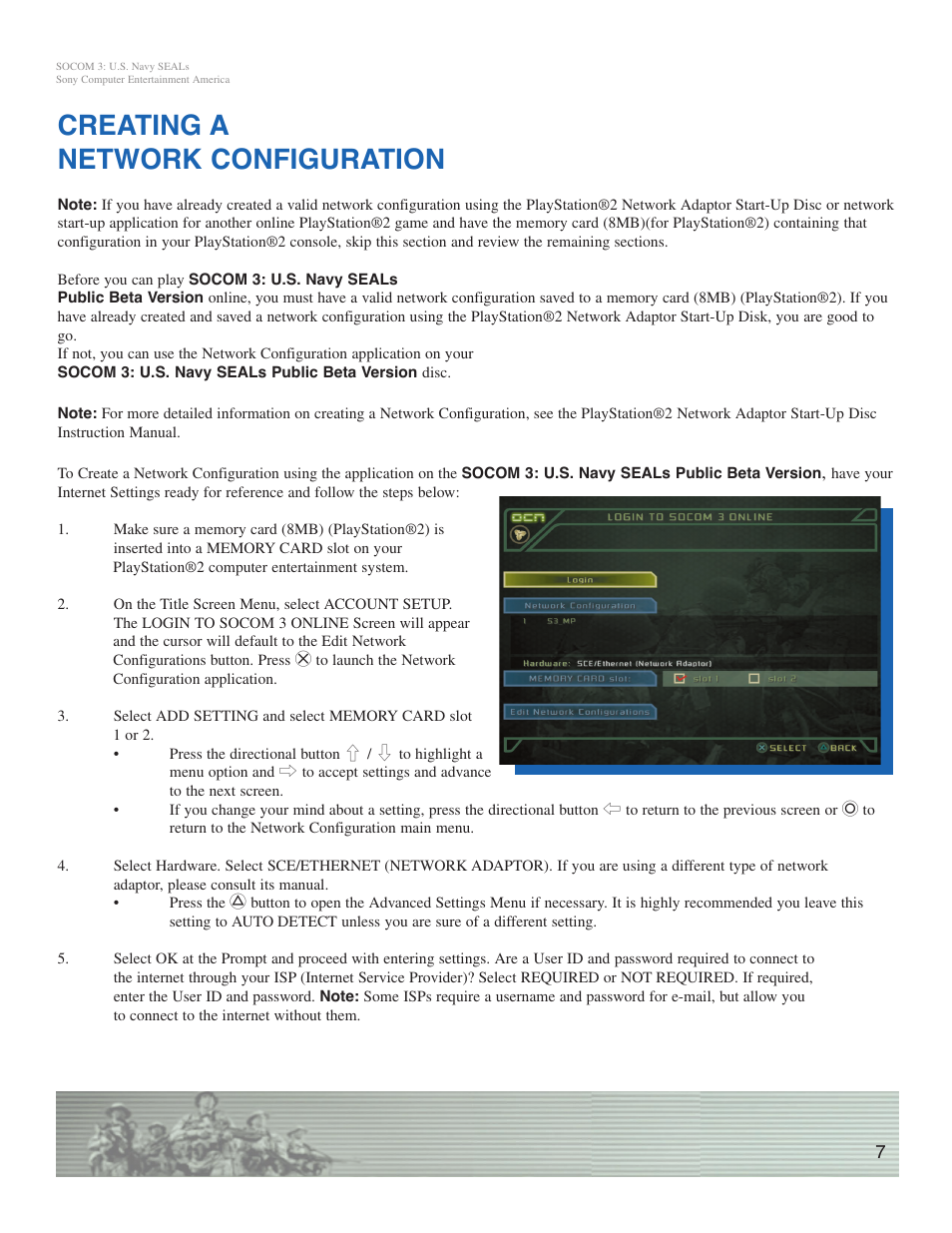 Creating a network configuration | Sony SOCOM 3 User Manual | Page 7 / 14