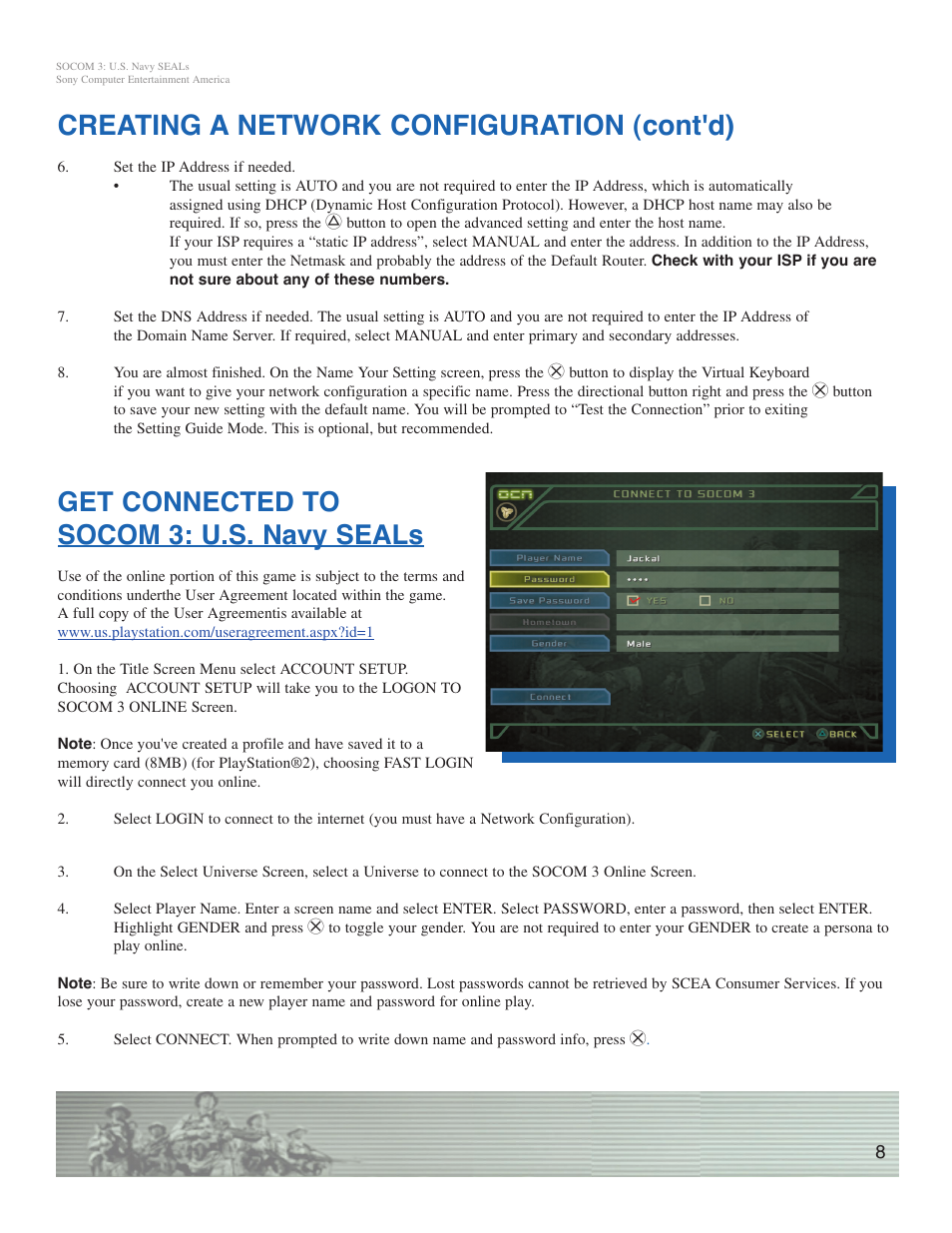 Creating a network configuration (cont'd), Get connected to socom 3: u.s. navy seals | Sony SOCOM 3 User Manual | Page 8 / 14