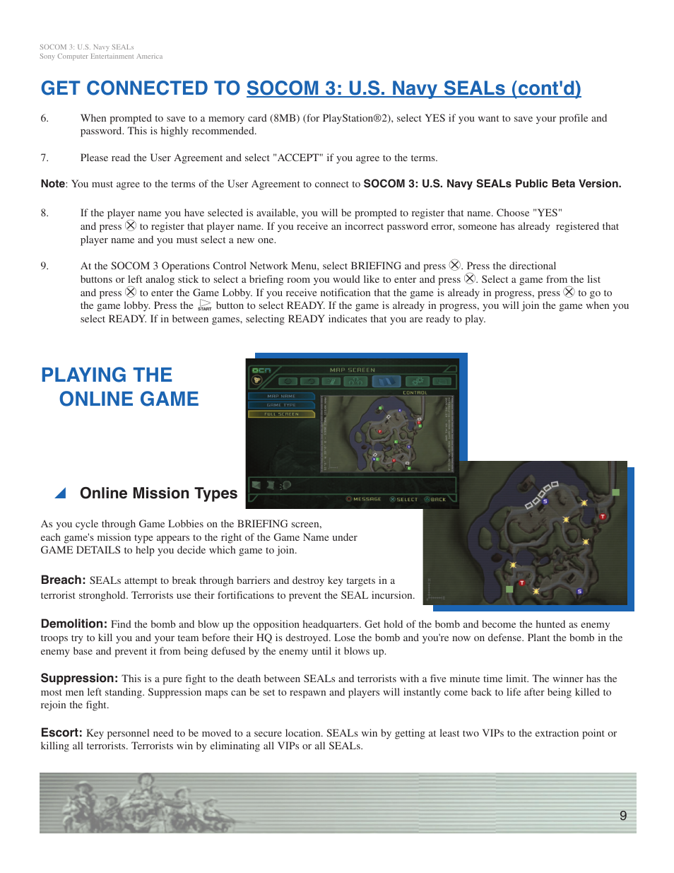 Playing the online game, Get connected to socom 3: u.s. navy seals (cont'd), Y online mission types | Sony SOCOM 3 User Manual | Page 9 / 14
