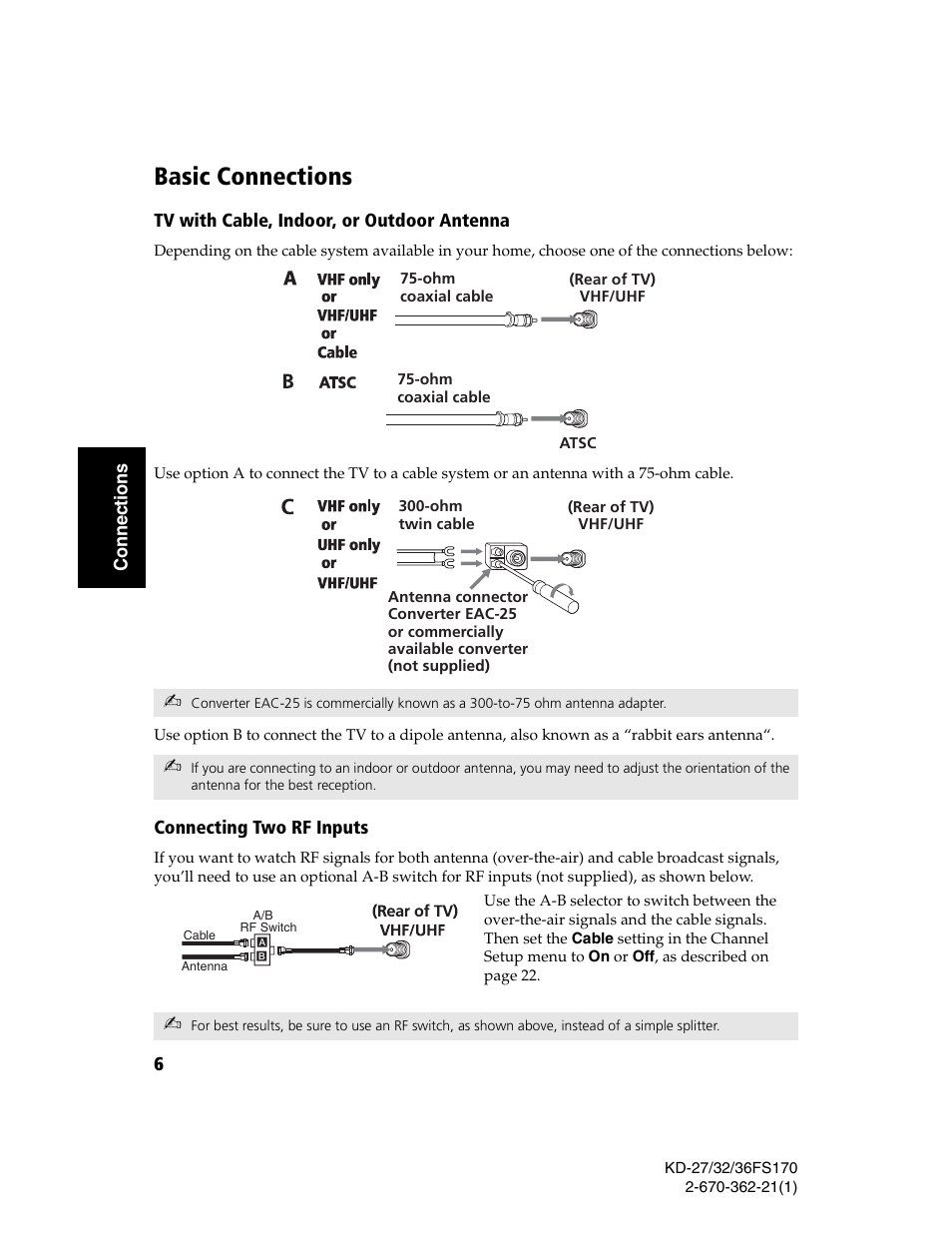 Basic connections, Tv with cable, indoor, or outdoor antenna, Connecting two rf inputs | Sony KD-27FS170 User Manual | Page 12 / 48