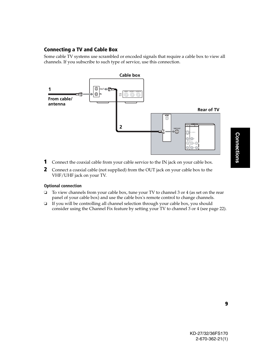 Connecting a tv and cable box, 9conne ct ions | Sony KD-27FS170 User Manual | Page 15 / 48