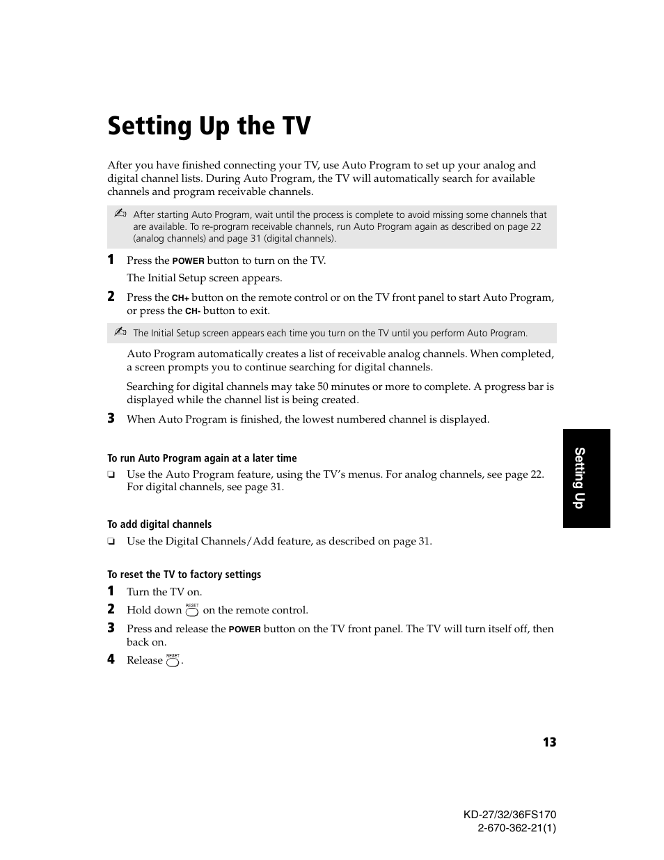 Setting up the tv | Sony KD-27FS170 User Manual | Page 19 / 48